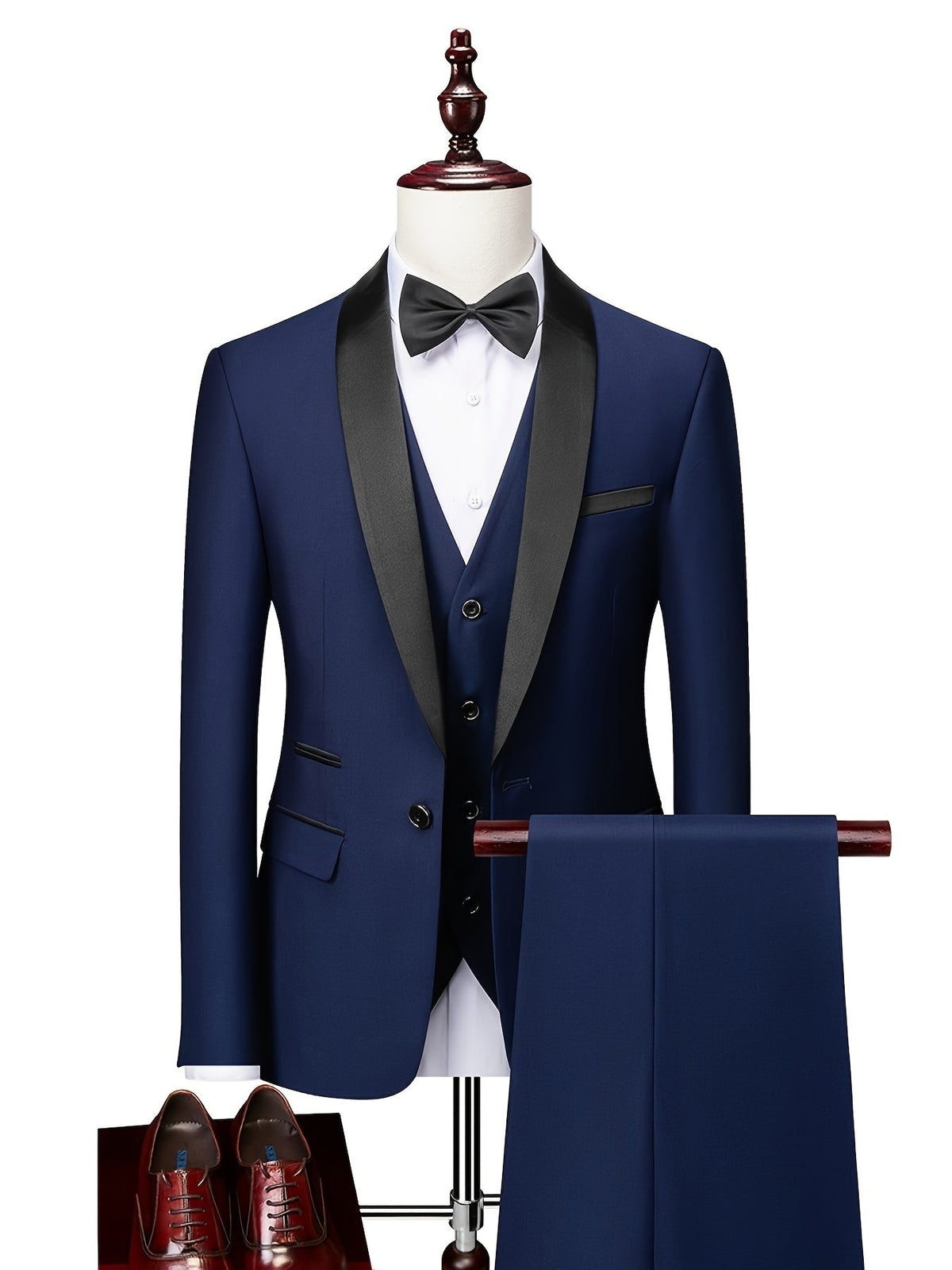 Navy shawl-lapel suit set displayed with brown leather shoes