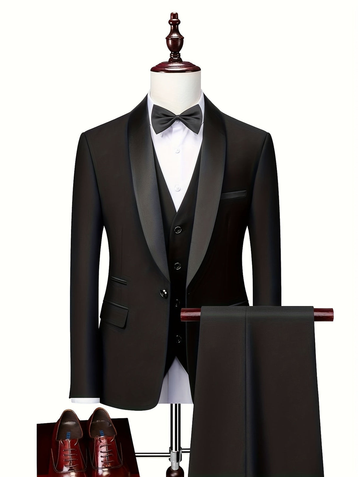 Black shawl-collar tuxedo suit set with satin lapel and bow tie