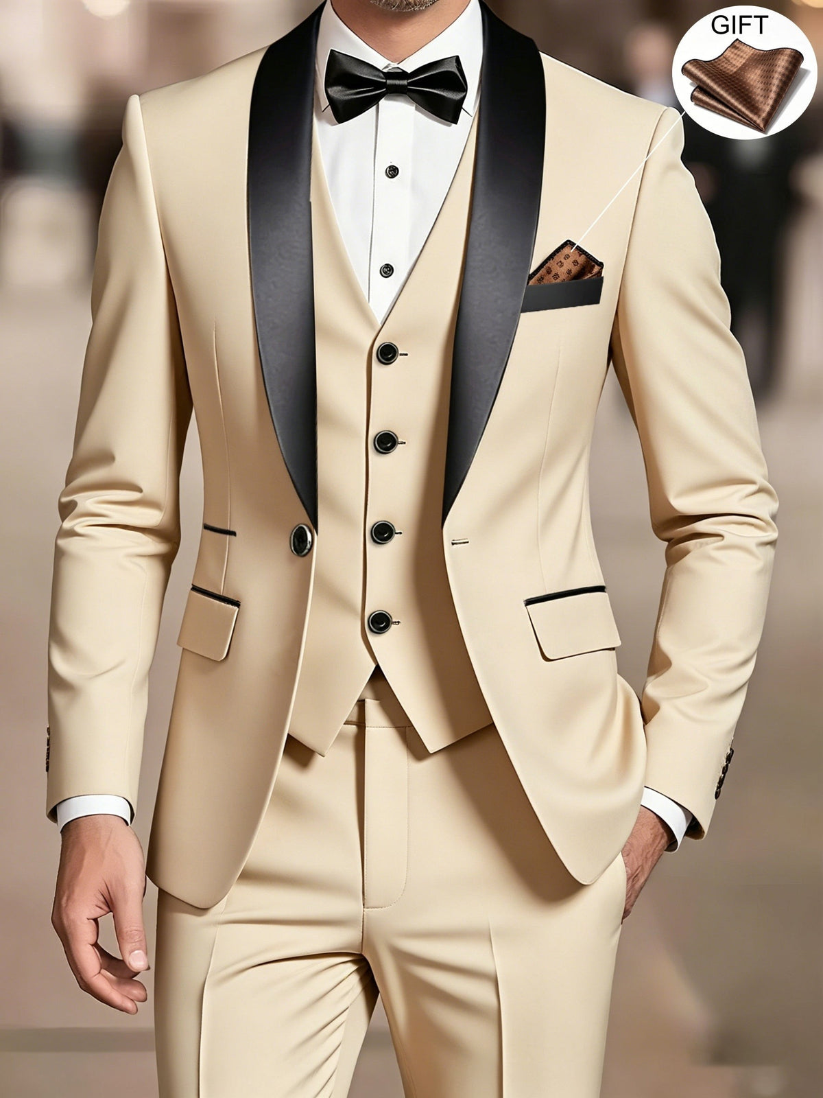 Beige shawl-collar tuxedo suit with black satin lapel and bow tie