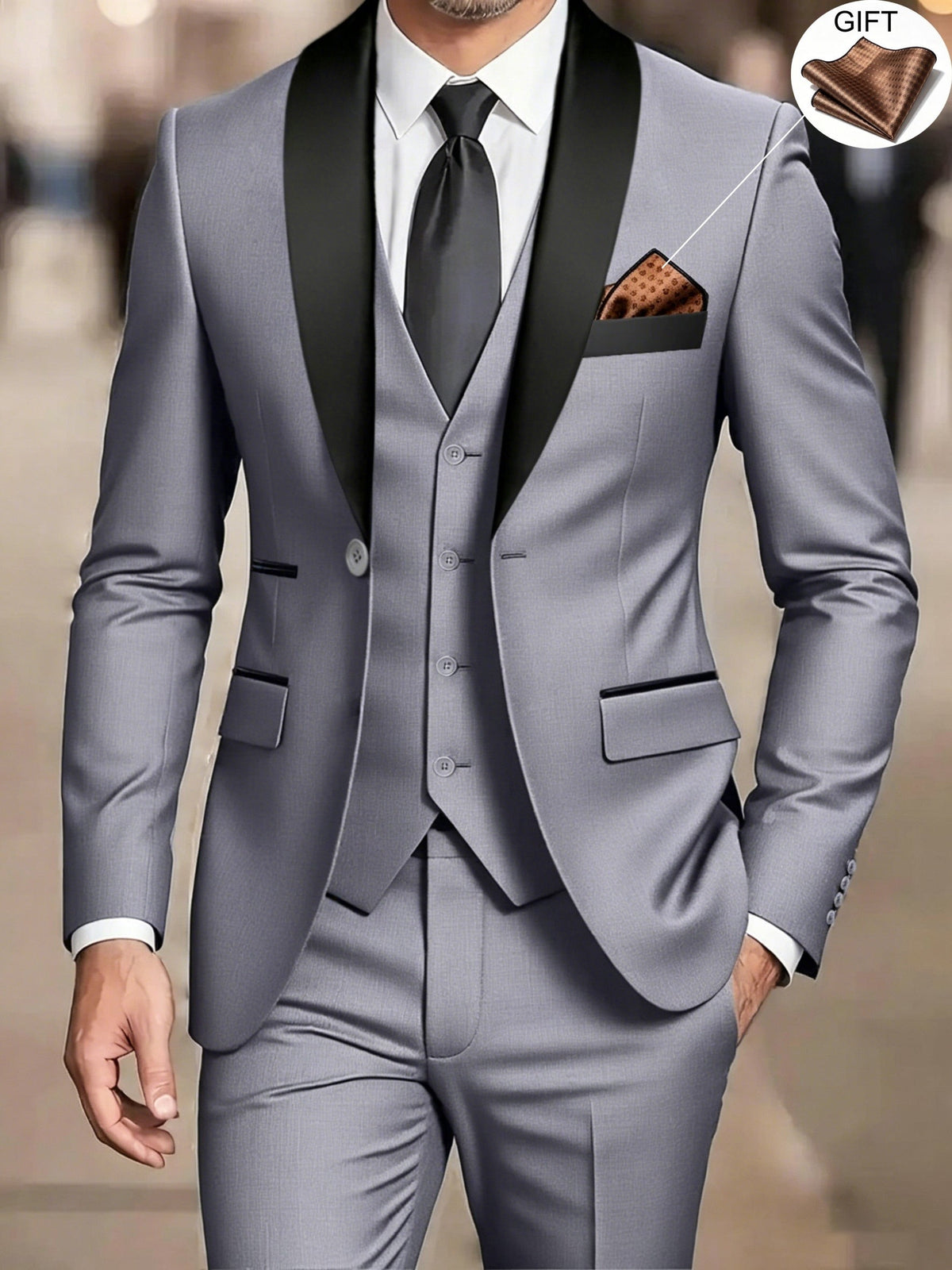 Grey three-piece suit featuring black shawl lapel and satin tie