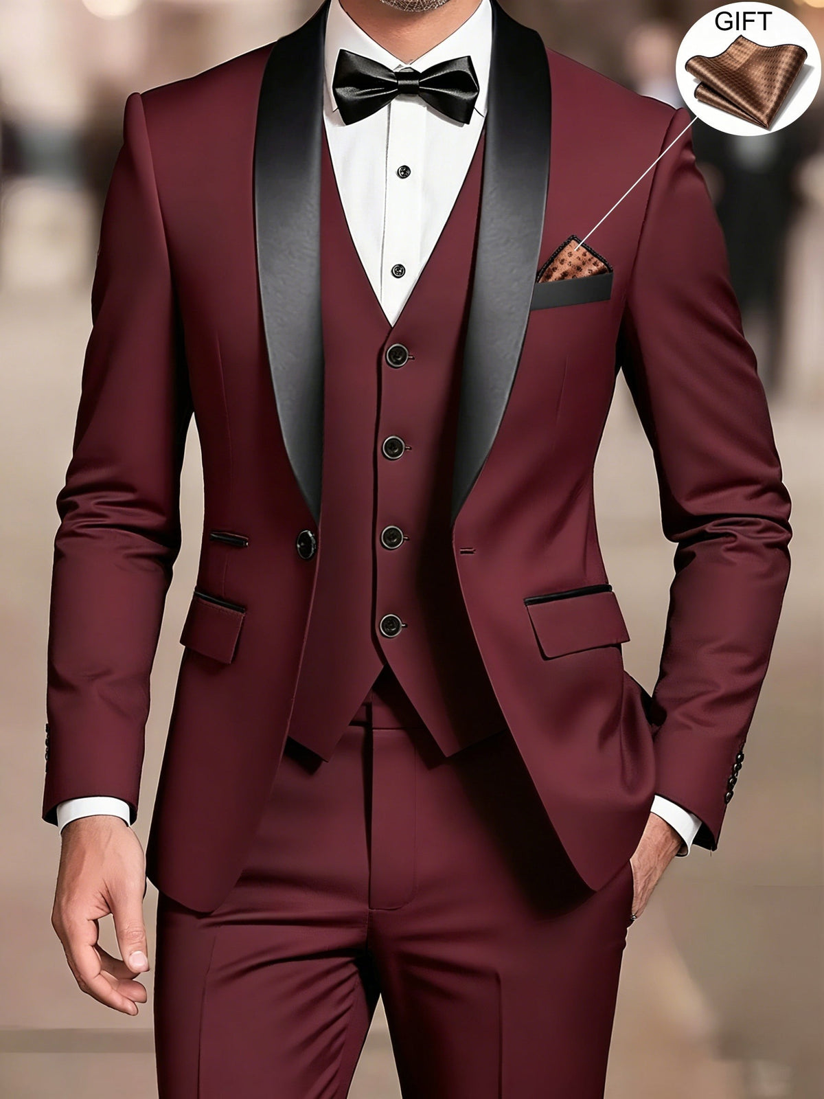 Burgundy tuxedo suit with black shawl collar and bow tie