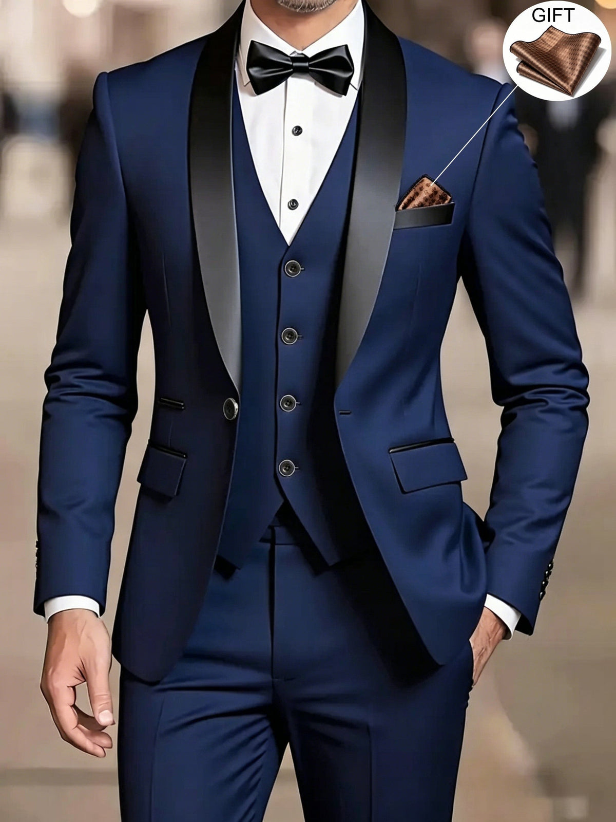 Navy three-piece tuxedo with black satin shawl lapel