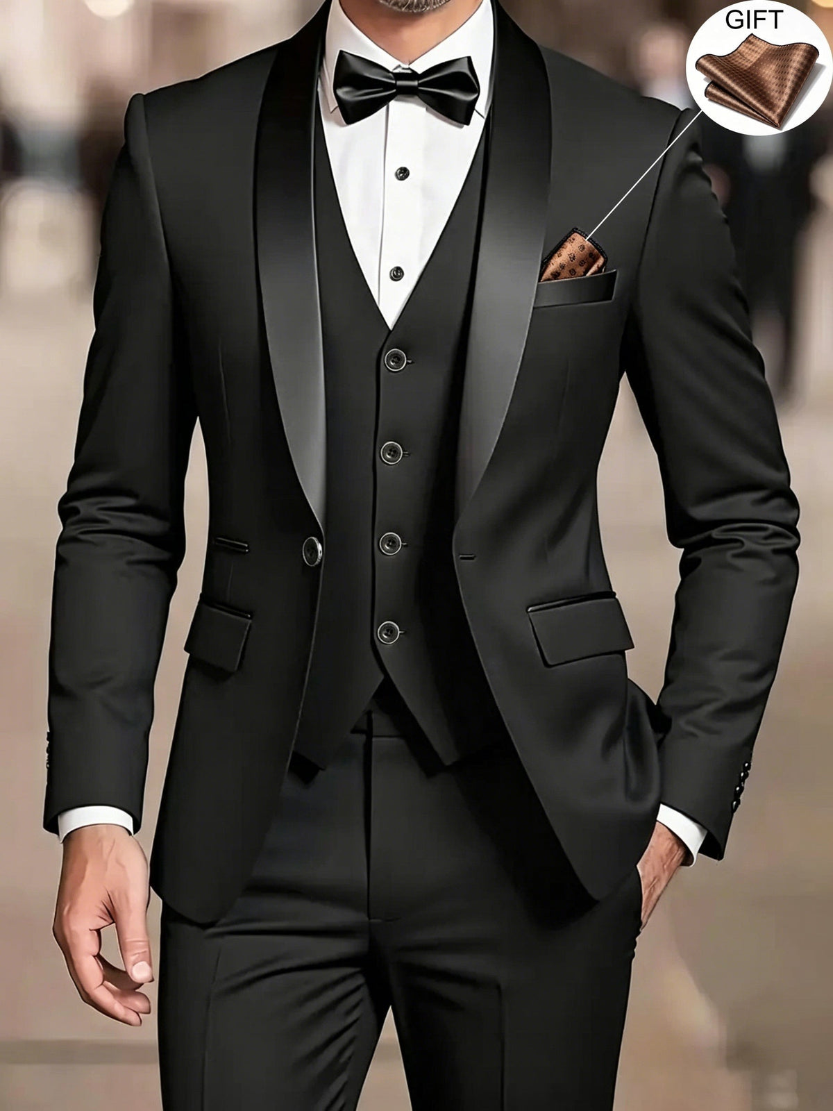 Black shawl-collar tuxedo suit with satin lapel and pocket square