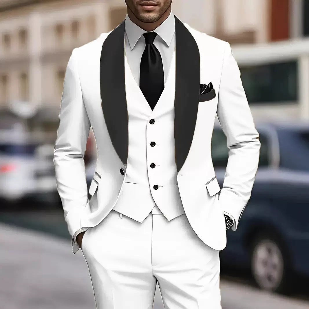 White three-piece suit with black shawl lapel and matching tie