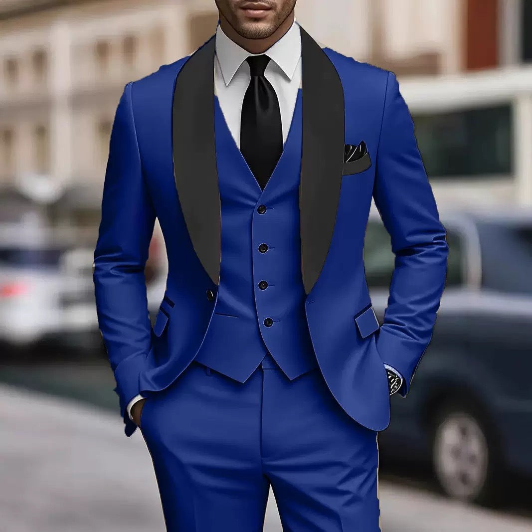 Royal blue slim-fit suit with contrasting black shawl collar
