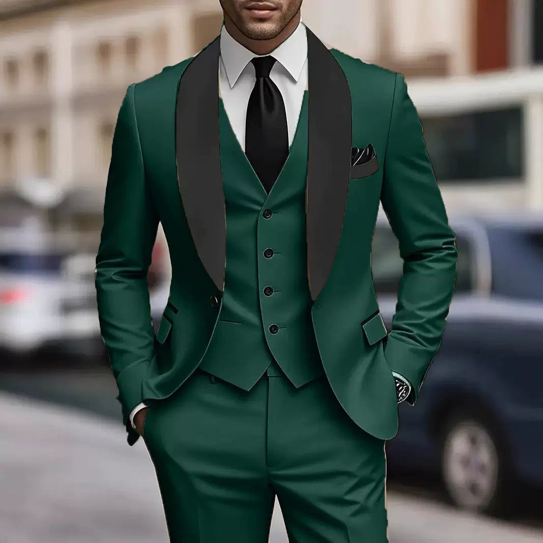 Emerald green three-piece suit with black satin shawl lapel