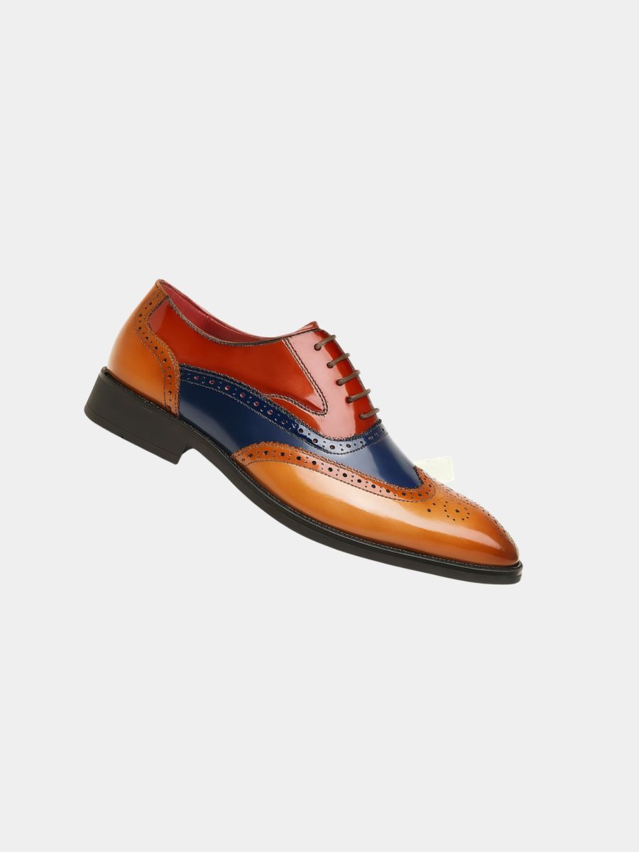 Men's leather brogues in tan, red and navy tri-colour panelled design