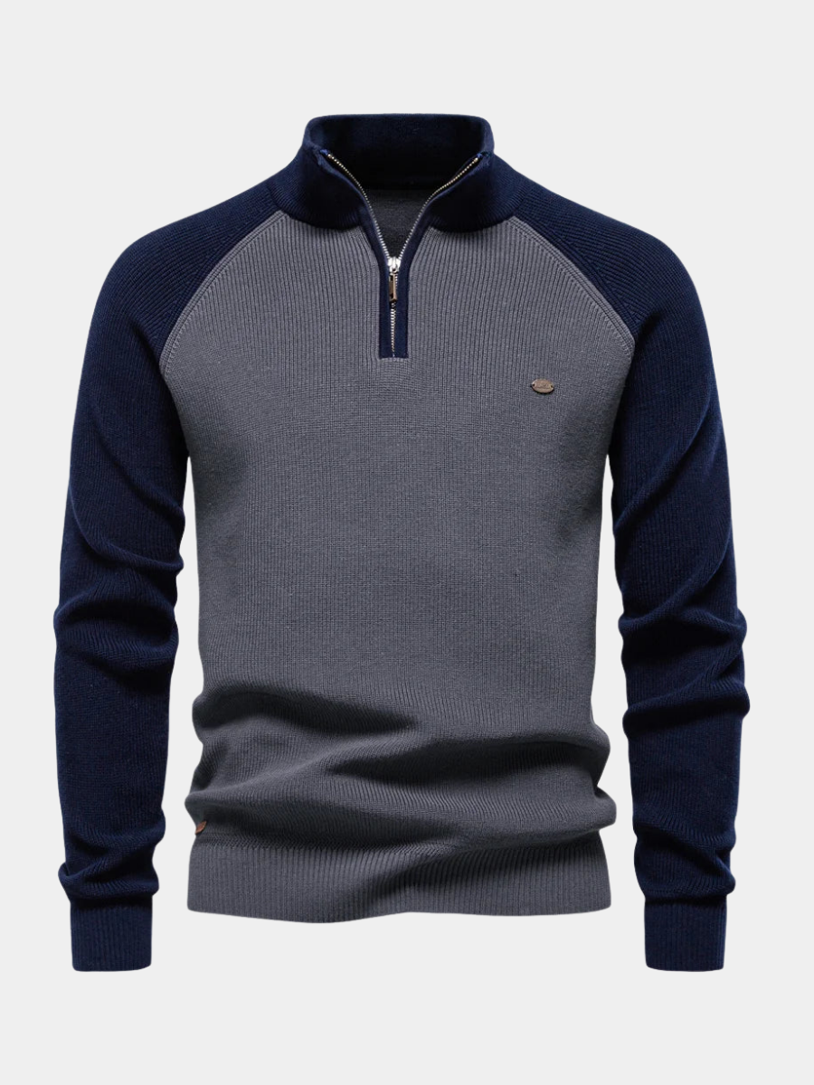 Grey and navy colour-block quarter-zip jumper with ribbed raglan sleeves