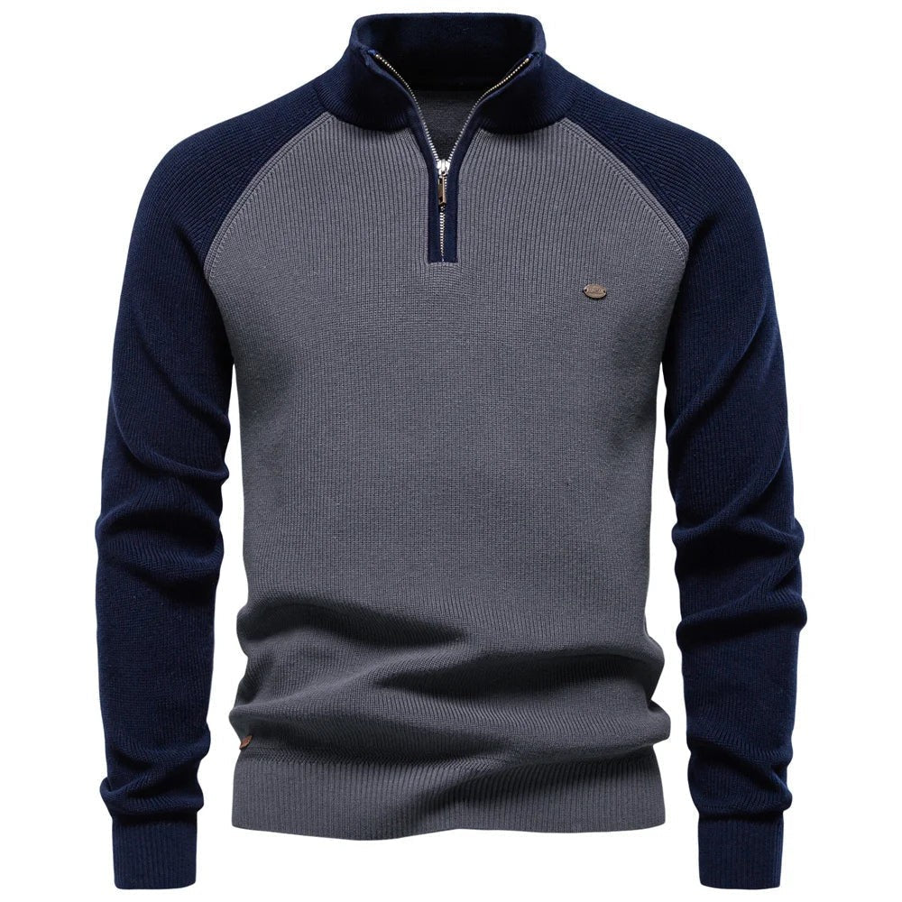 Navy and grey two-tone quarter-zip knitted jumper with stand collar