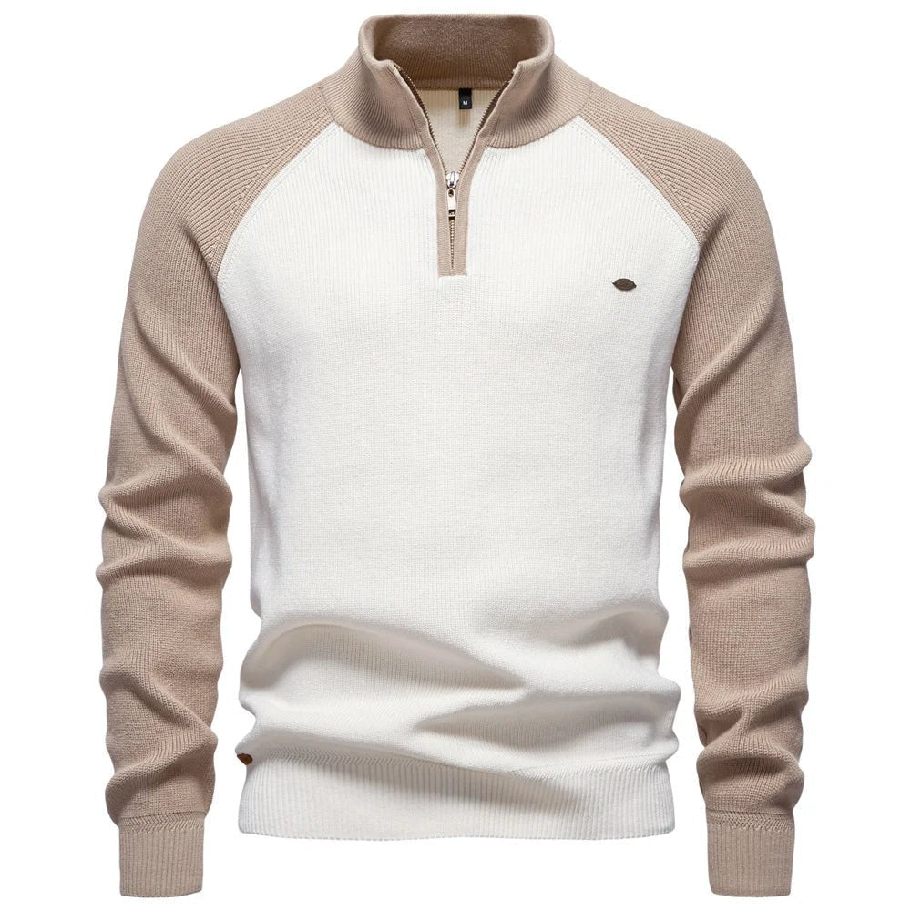Cream and beige colour-block quarter-zip jumper with ribbed sleeve panels