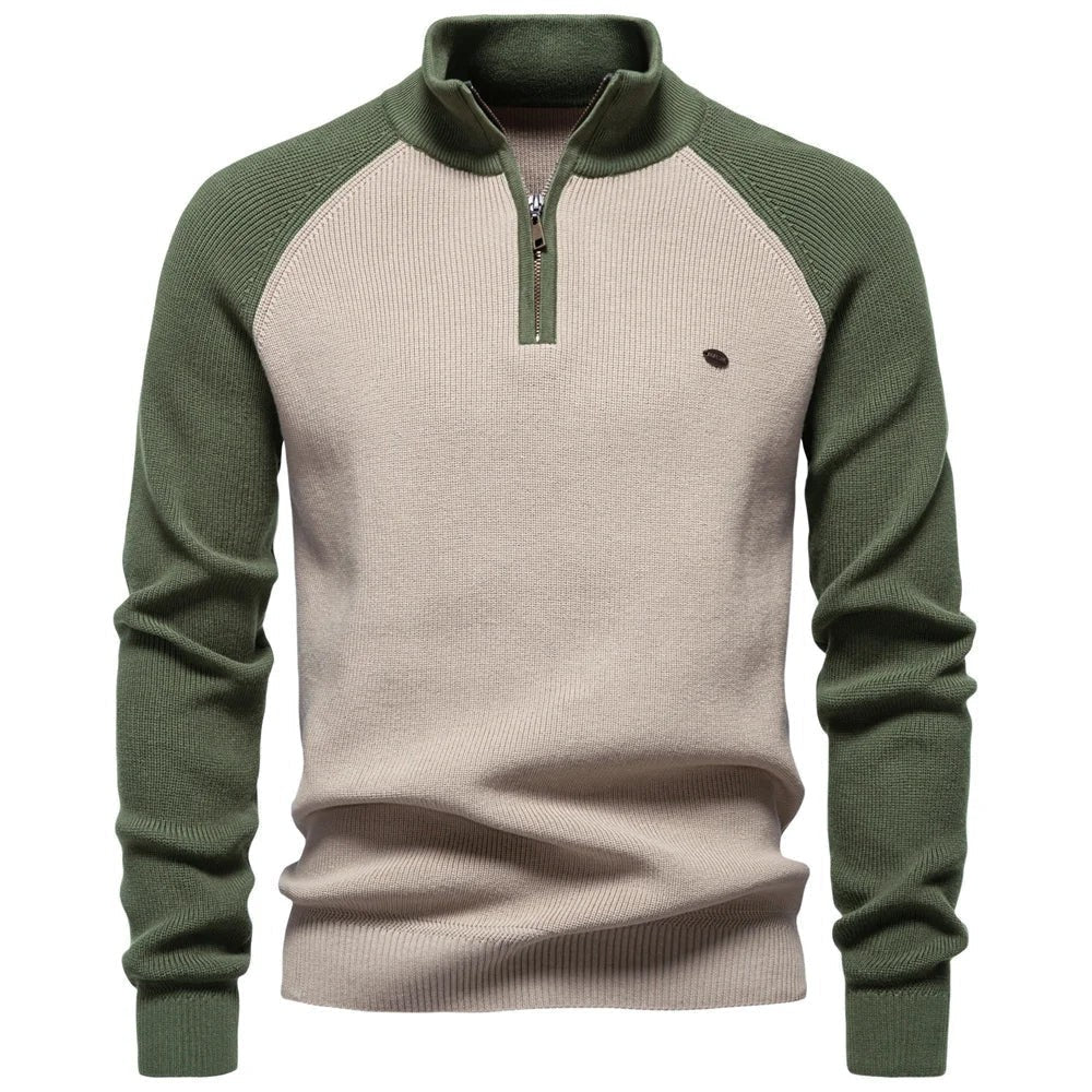 Beige and khaki green quarter-zip jumper with contrast raglan sleeves