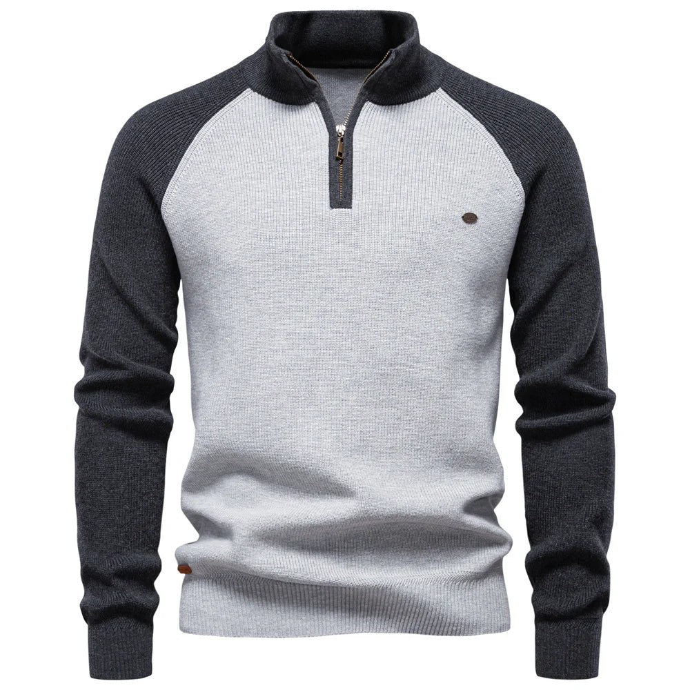 Light and dark grey marl quarter-zip jumper with ribbed trims