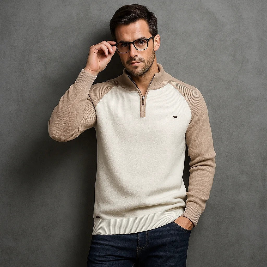 Man wearing cream and beige quarter-zip jumper with contrast sleeves