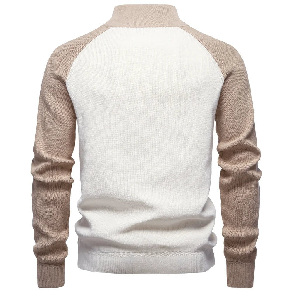 Rear view of cream and beige quarter-zip jumper with ribbed cuffs