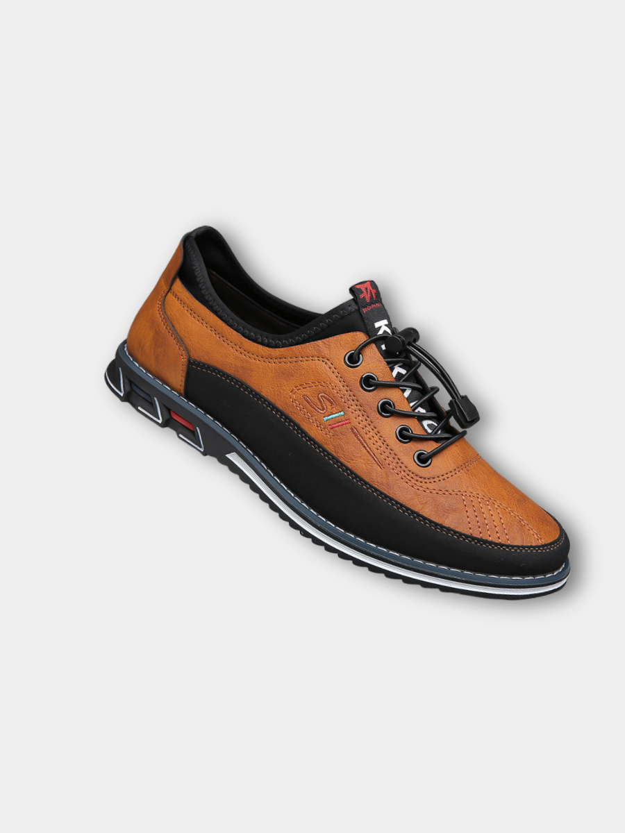 Tan leather men's trainers with black panels and toggle laces