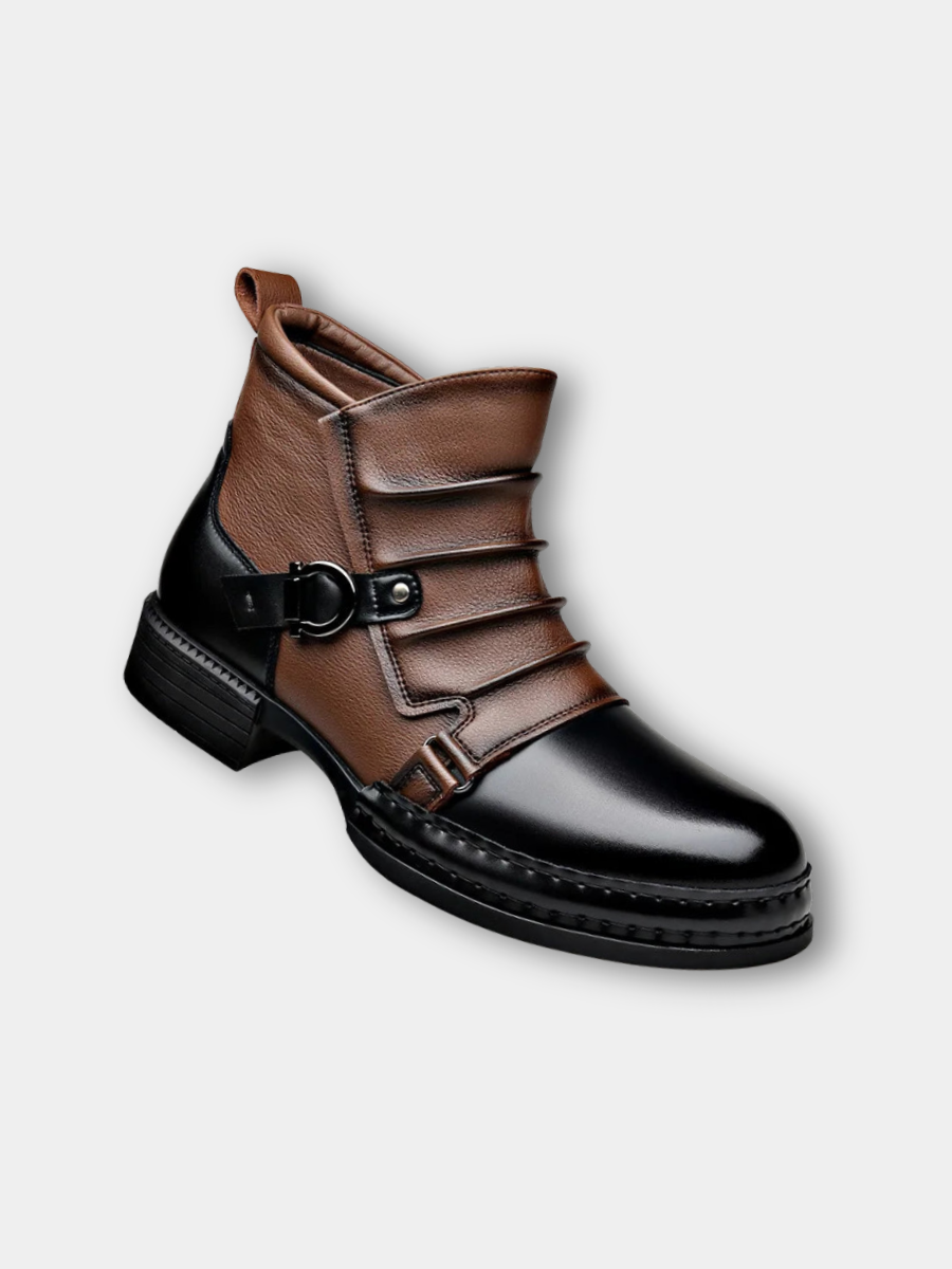 Men's leather ankle boot with tan buckle strap and black toe cap