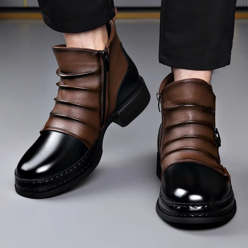 Men's leather boots with contrasting toe cap and buckle strap detail