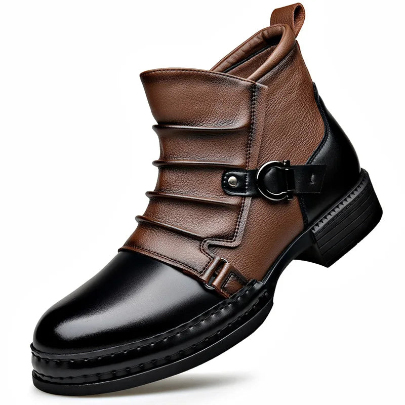 Studio shot of brown leather ankle boot with buckle and pull tab
