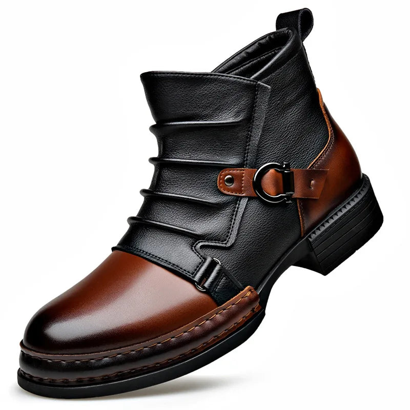Two-tone leather ankle boot with buckle strap and stitched black sole