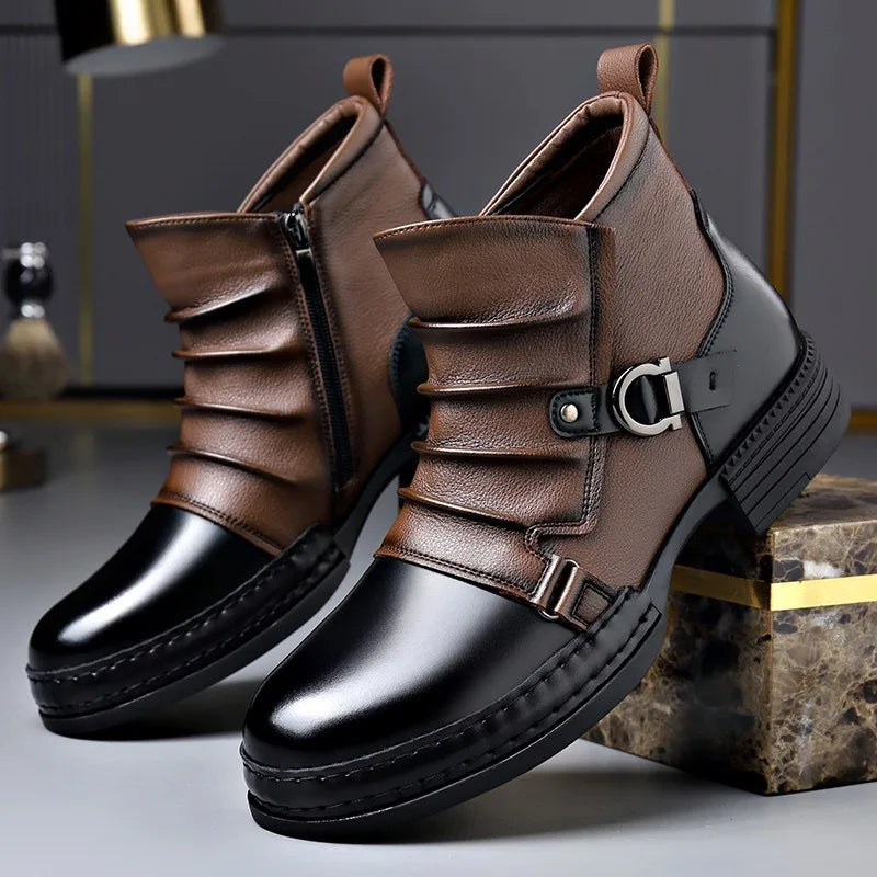 Brown and black leather ankle boots with side zip and buckle trim