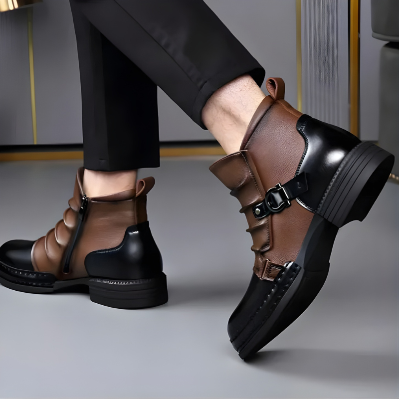 Men's pleated leather boots with silver buckle and stitched sole