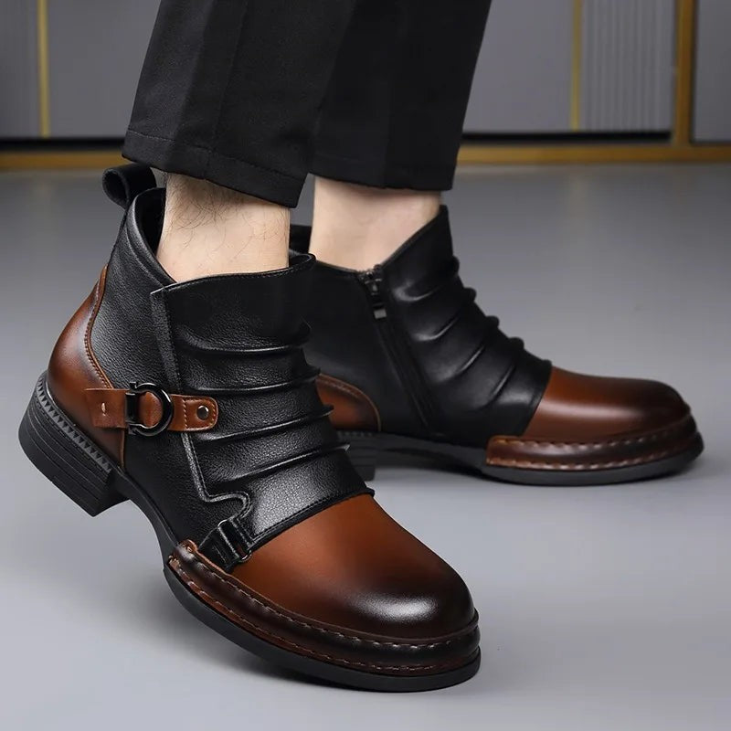 Men's leather boots on model, showing pleated shaft and glossy toe