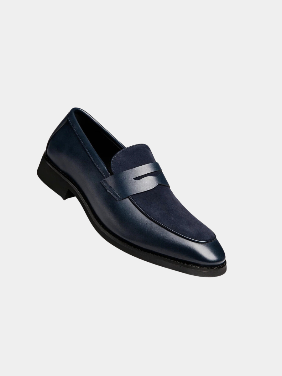 Navy leather penny loafer with contrasting suede panel and pointed toe