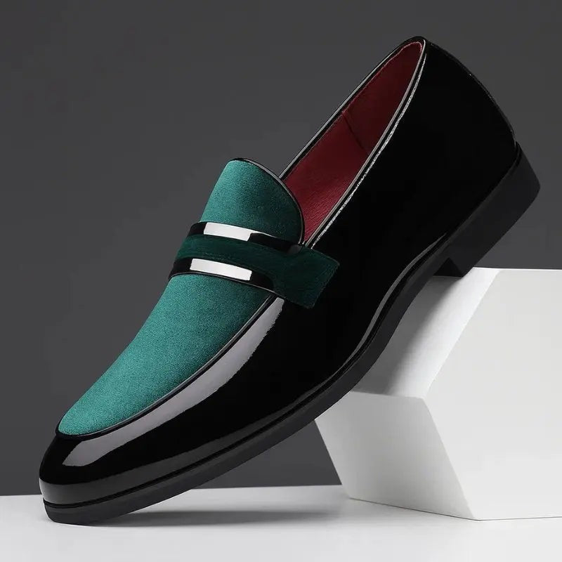 Black patent loafer with green suede panel and pointed toe design