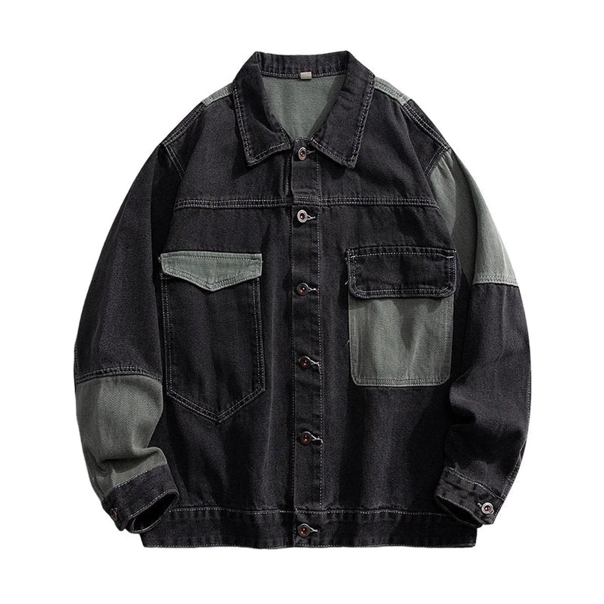 Black denim jacket with contrast khaki panels and twin chest pockets