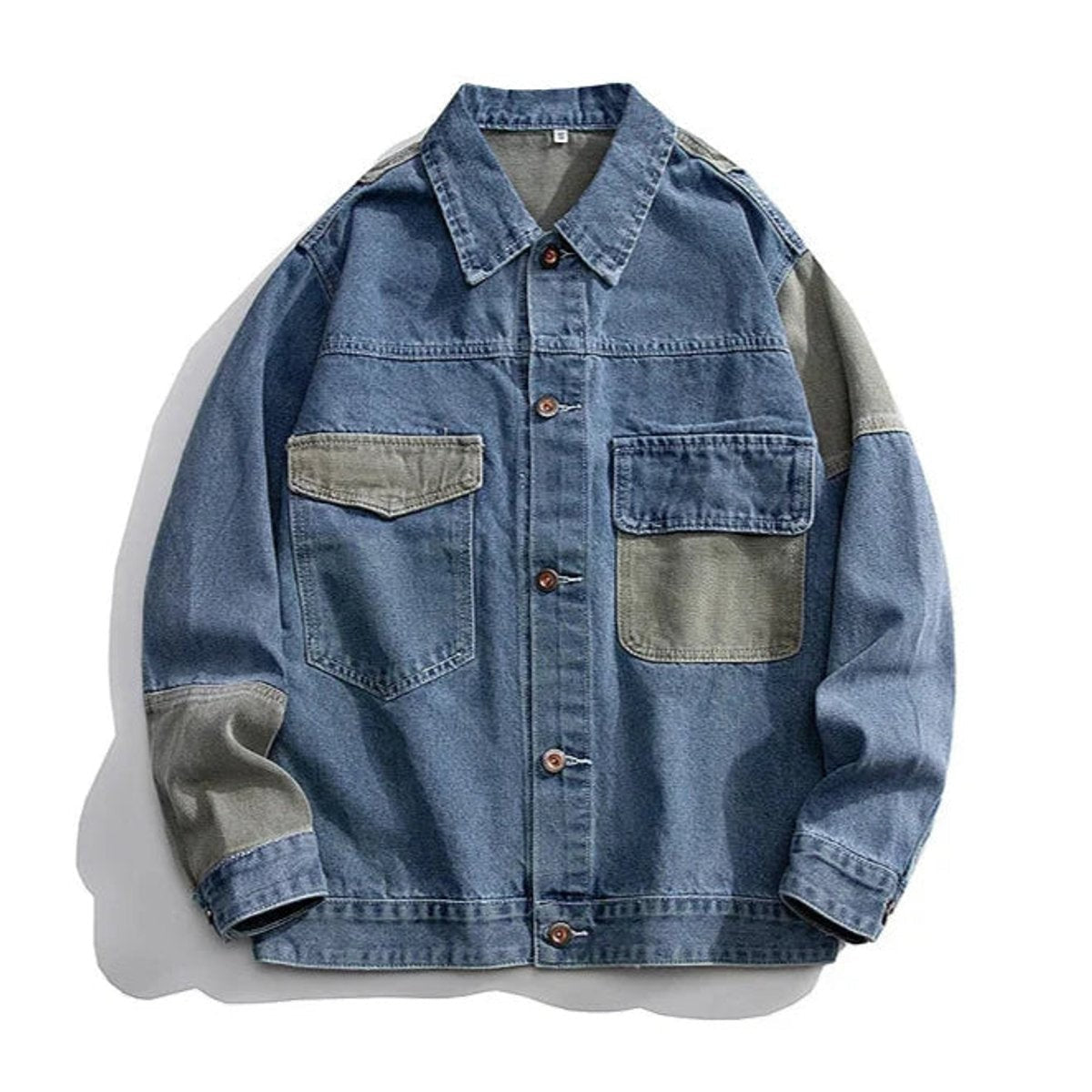 Blue denim jacket featuring khaki colour-block panels and utility pockets