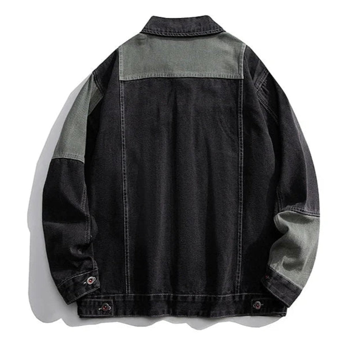 Rear view of black denim jacket showing khaki shoulder yoke detailing
