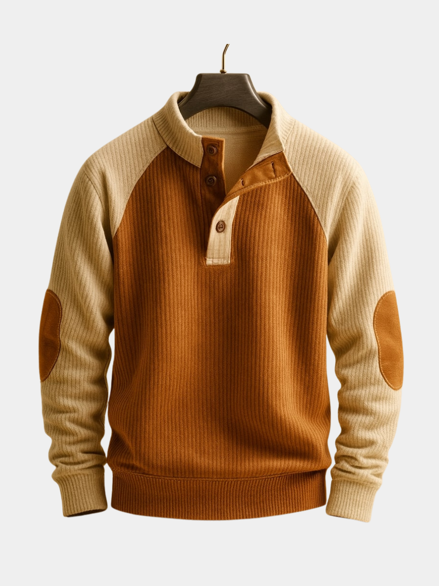 Ribbed cable knit jumper in tan and cream with suede elbow patches