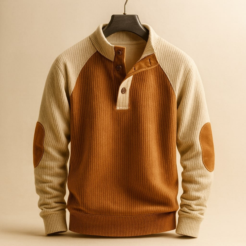 Tan and cream colour-block cable knit jumper with button neck detail