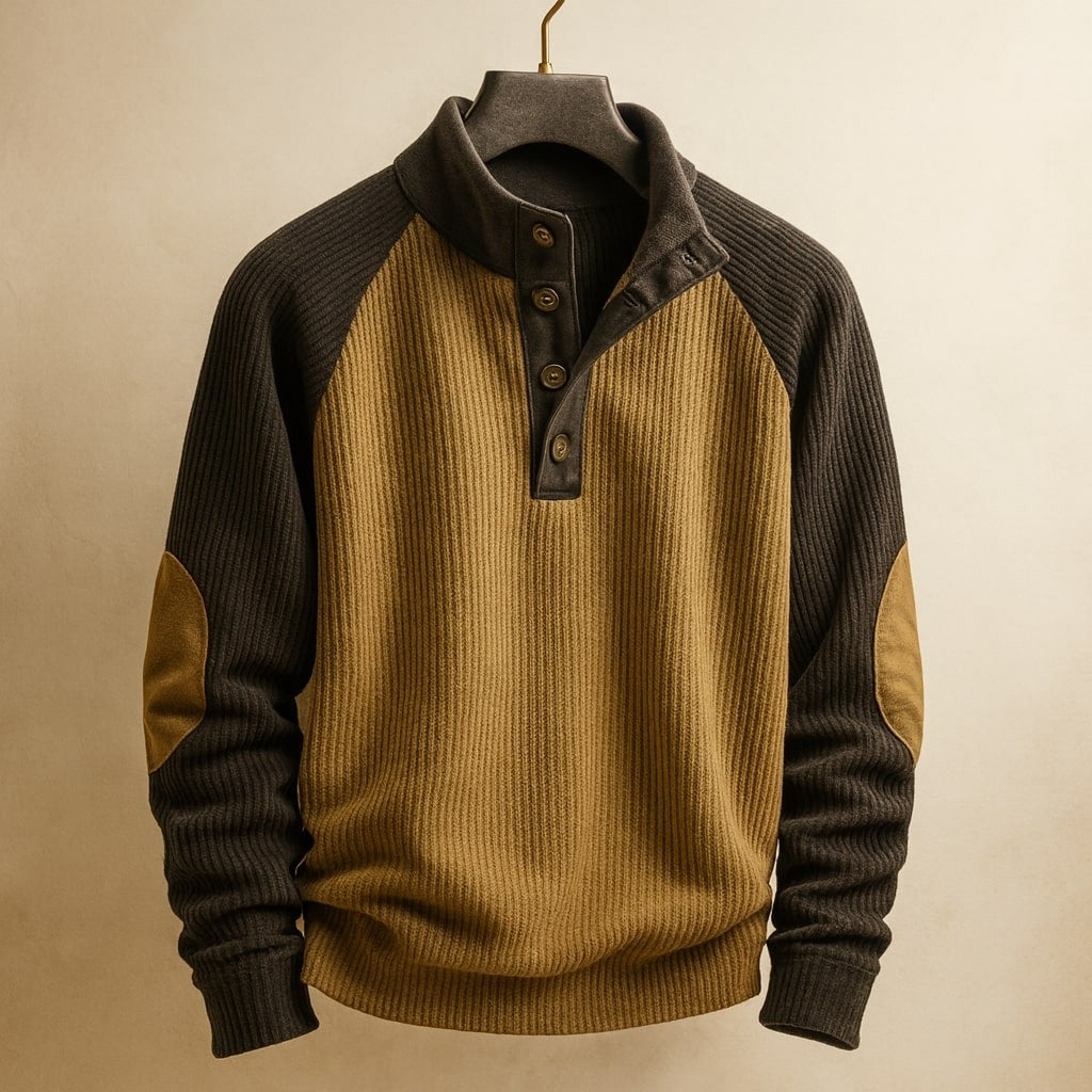 Mustard and charcoal ribbed cable knit jumper with button stand collar