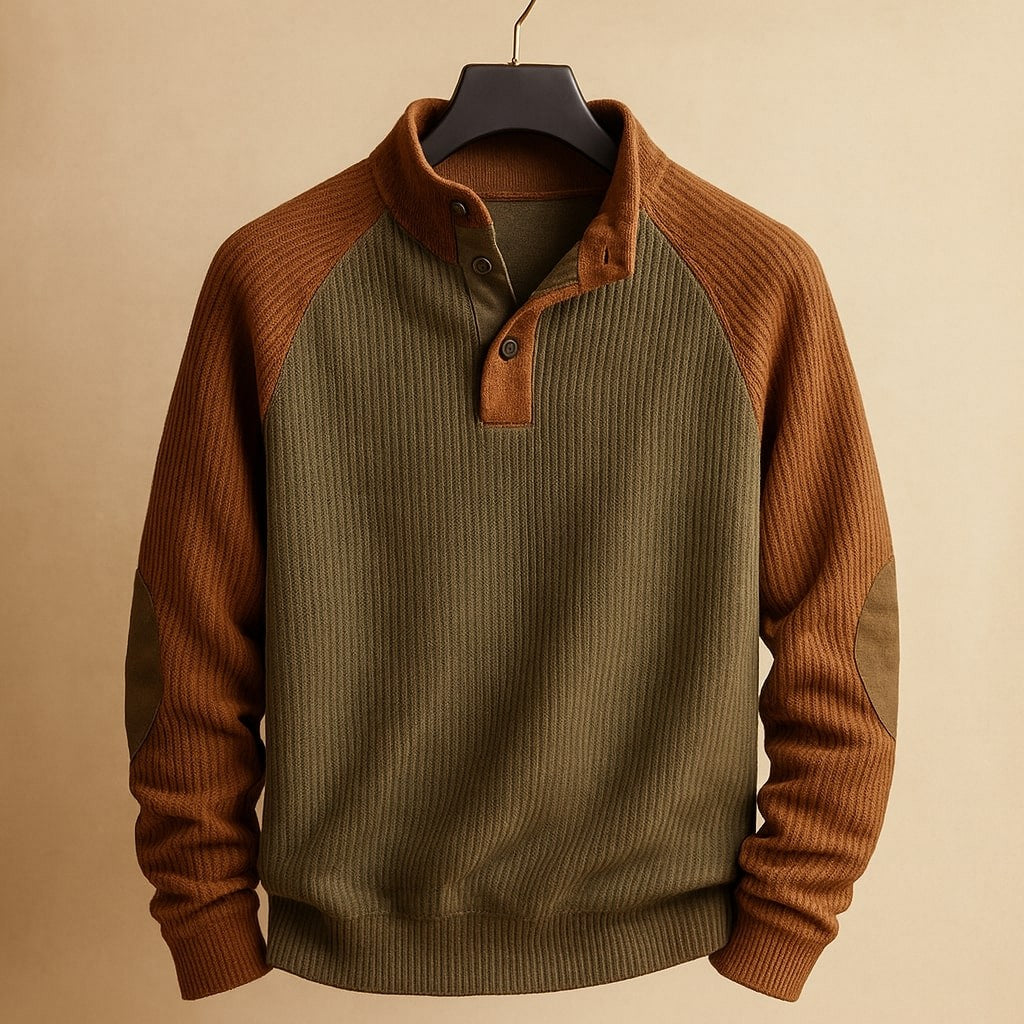 Olive green and rust cable knit jumper with contrast raglan sleeves