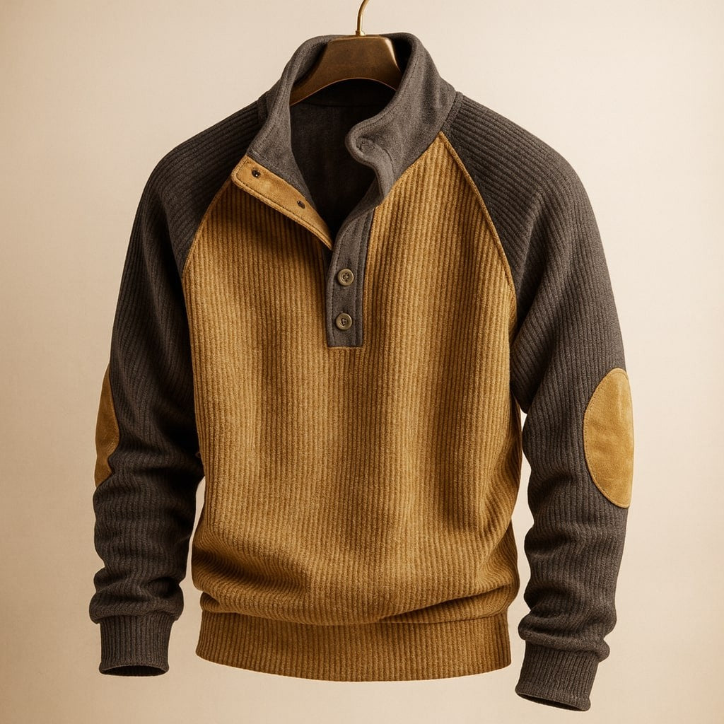 Camel and charcoal ribbed cable knit jumper with suede elbow patches