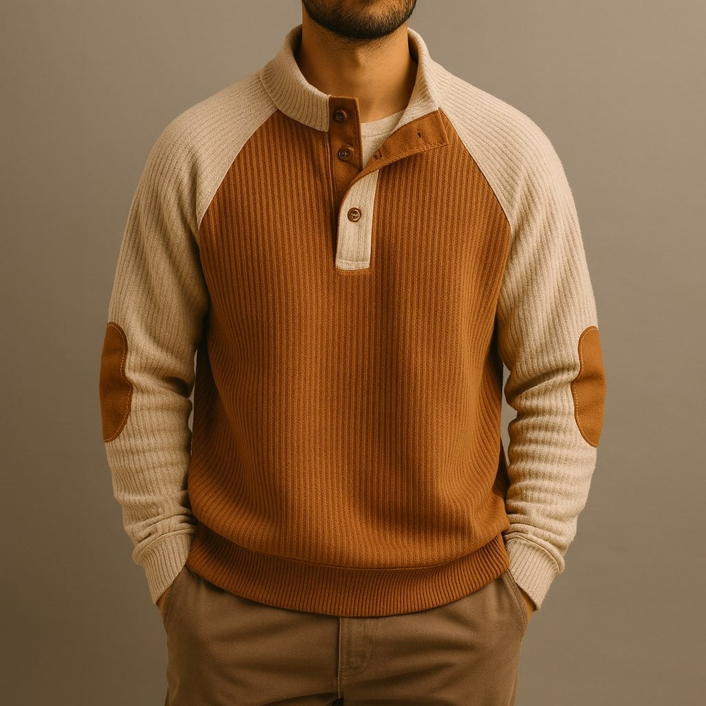 Man wearing tan and cream ribbed cable knit jumper with button collar