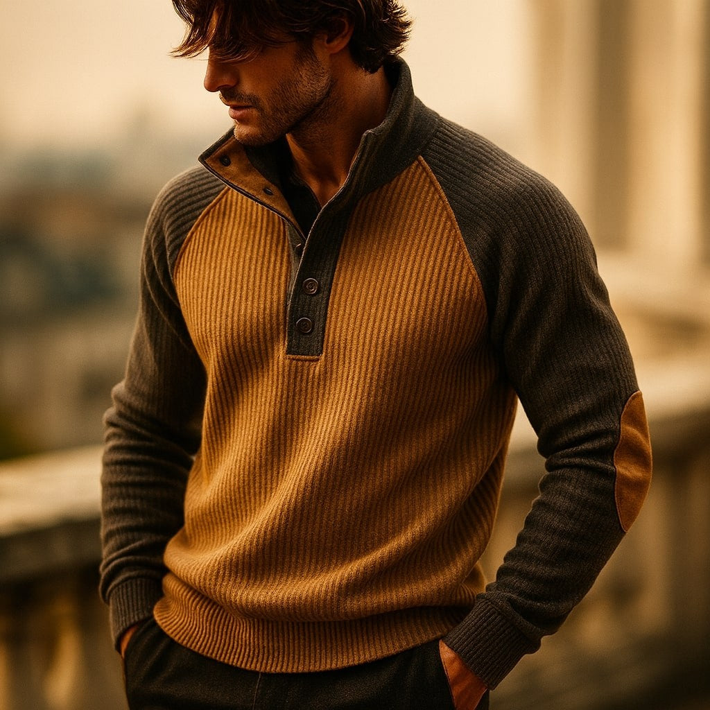 Man modelling mustard and charcoal cable knit jumper with suede accents