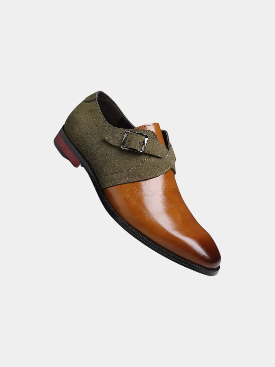 Tan leather monk strap shoe with khaki suede buckle strap detail