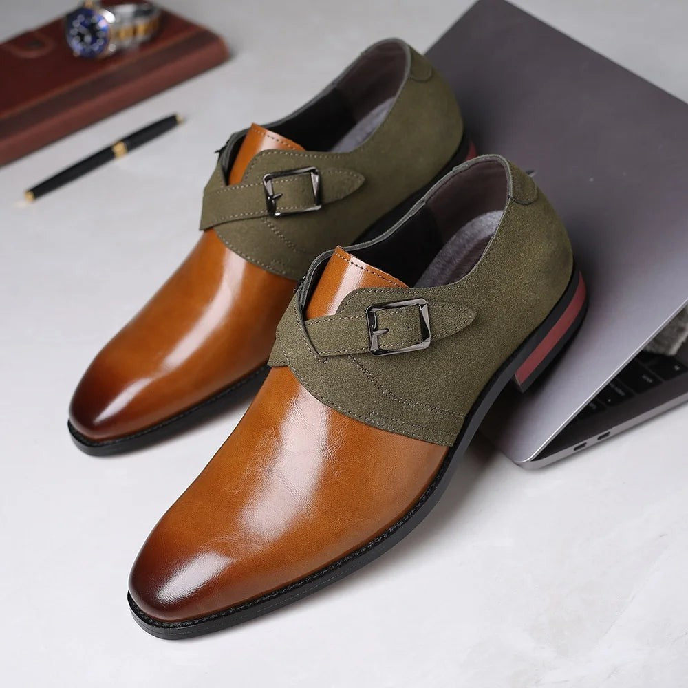 Tan leather monk strap loafers with khaki suede straps and buckles