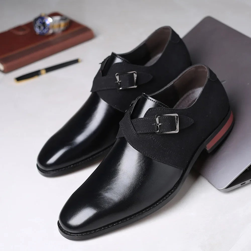Black leather monk strap loafers with suede buckle strap detail