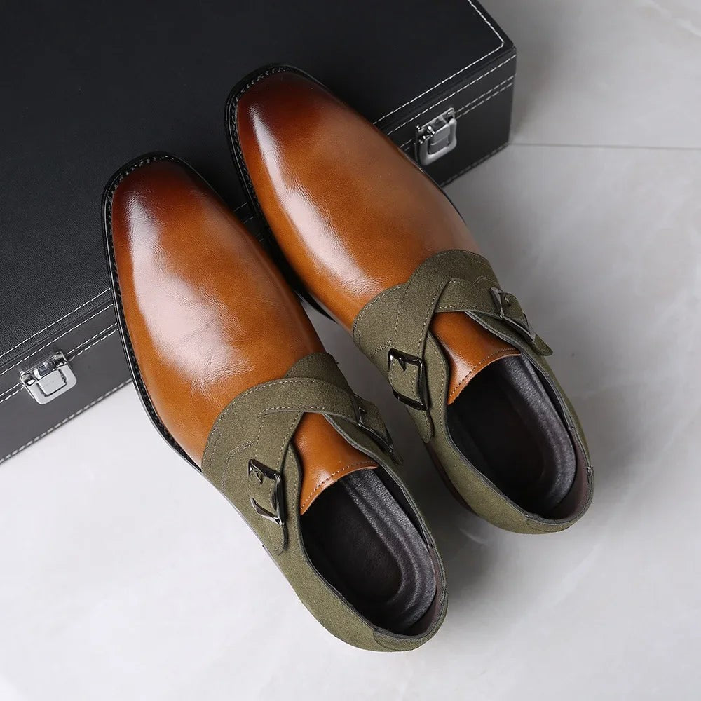 Overhead view of tan leather loafers with khaki suede monk straps