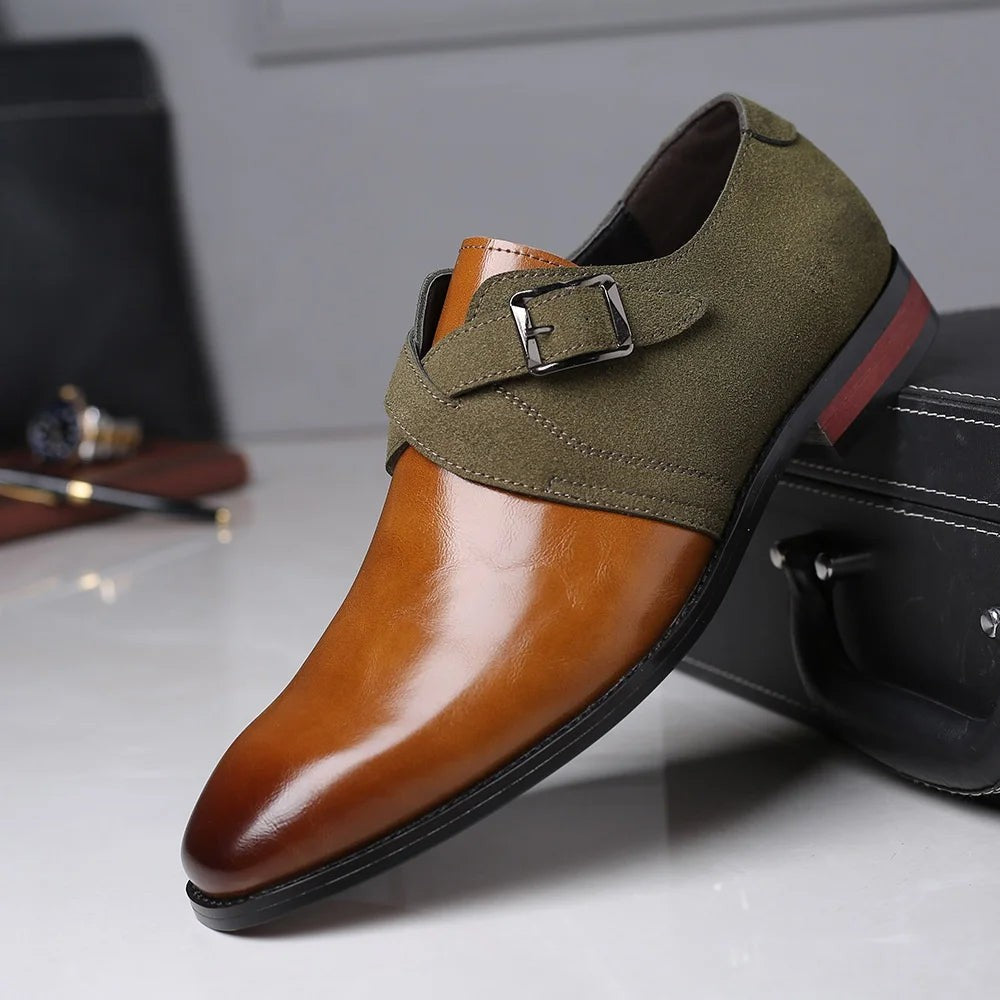 Side profile of tan leather monk strap loafer with suede strap