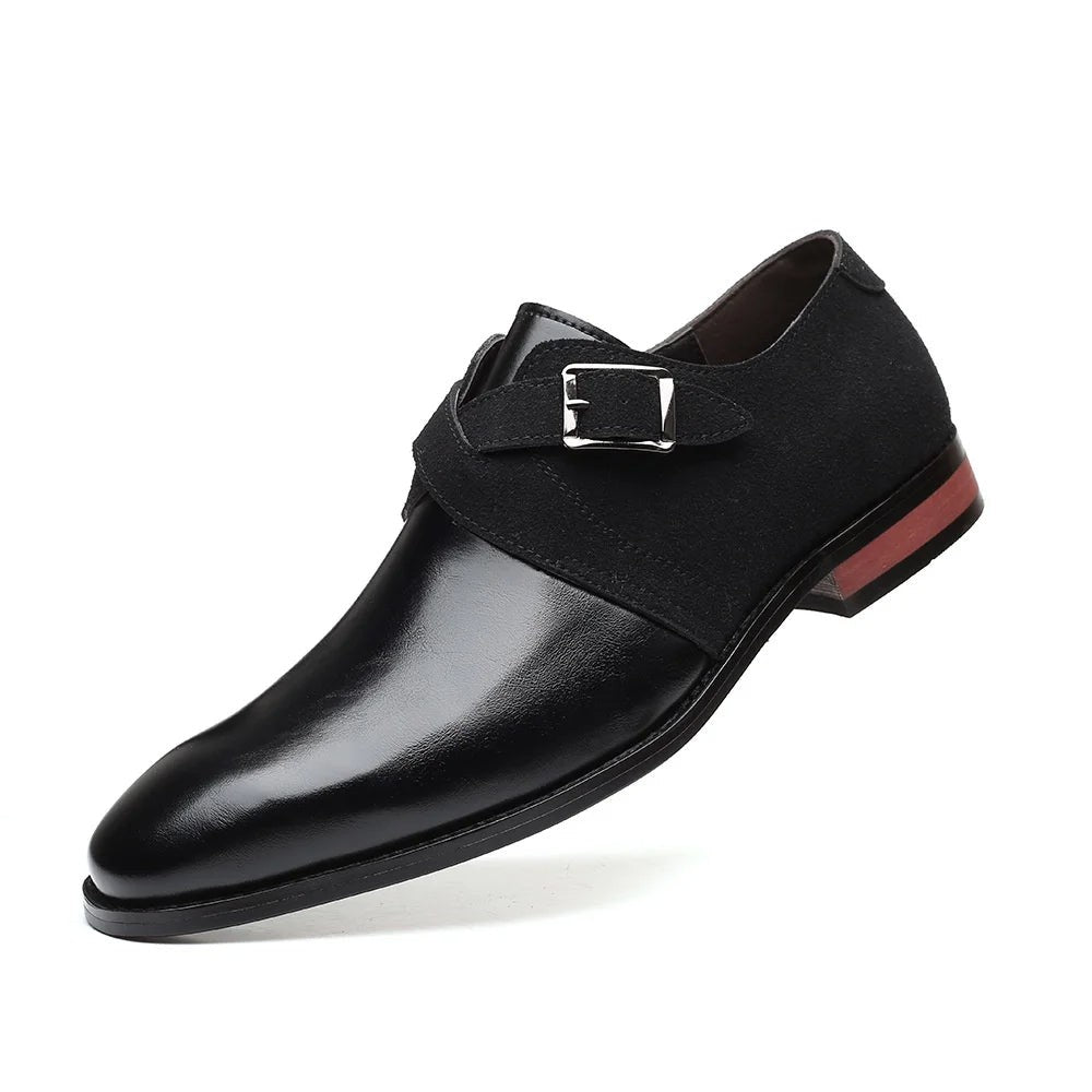 Black leather monk strap loafer with suede buckle strap detail