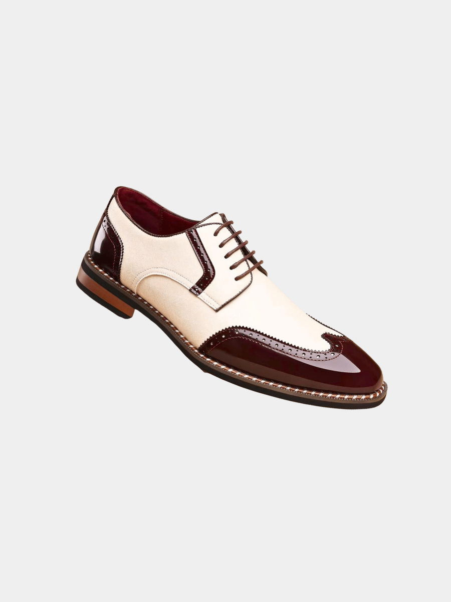 Cream suede and burgundy patent leather wingtip brogue Oxford shoe