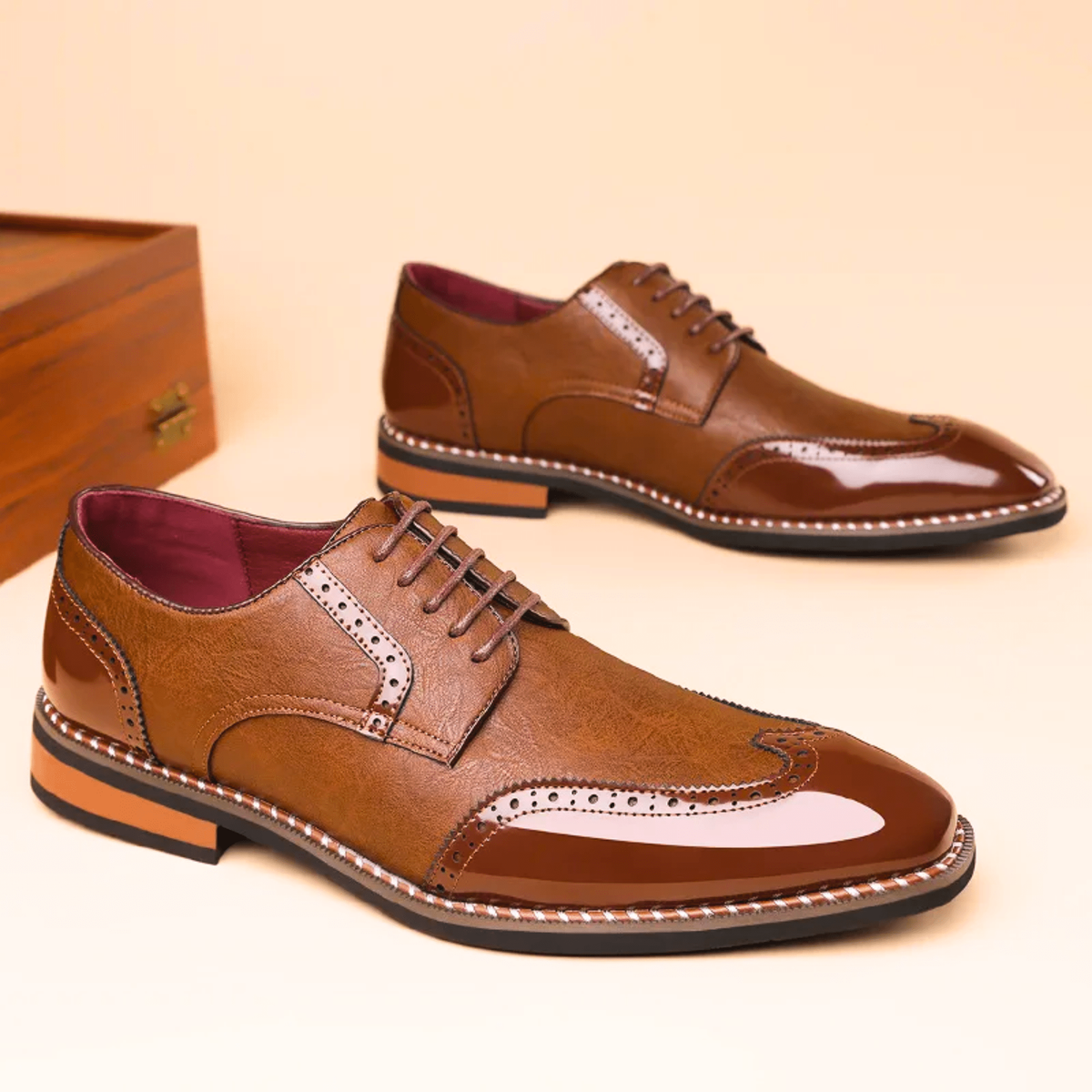 Tan leather brogue Oxford shoes with patent panel and stitched detailing
