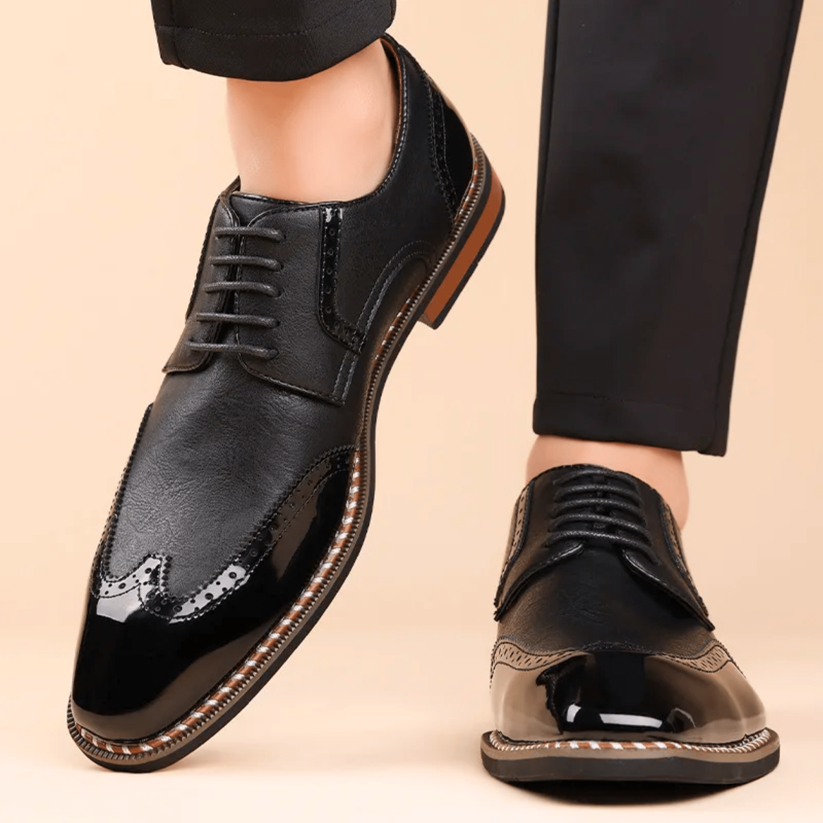 Three pairs of bicoloured brogue shoes in black, tan and burgundy-white