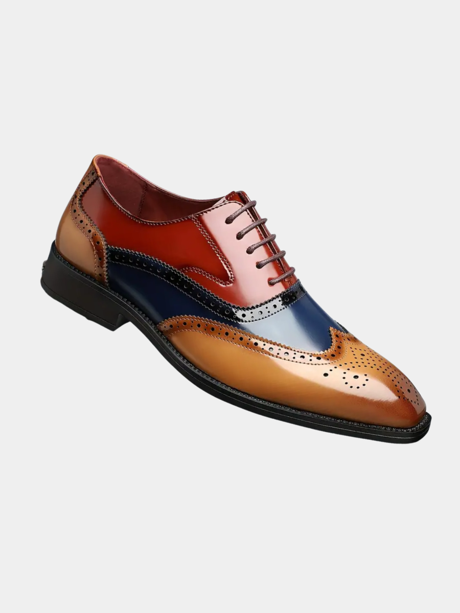 Tri-colour leather wingtip brogue shoe with tan, navy and red panelling