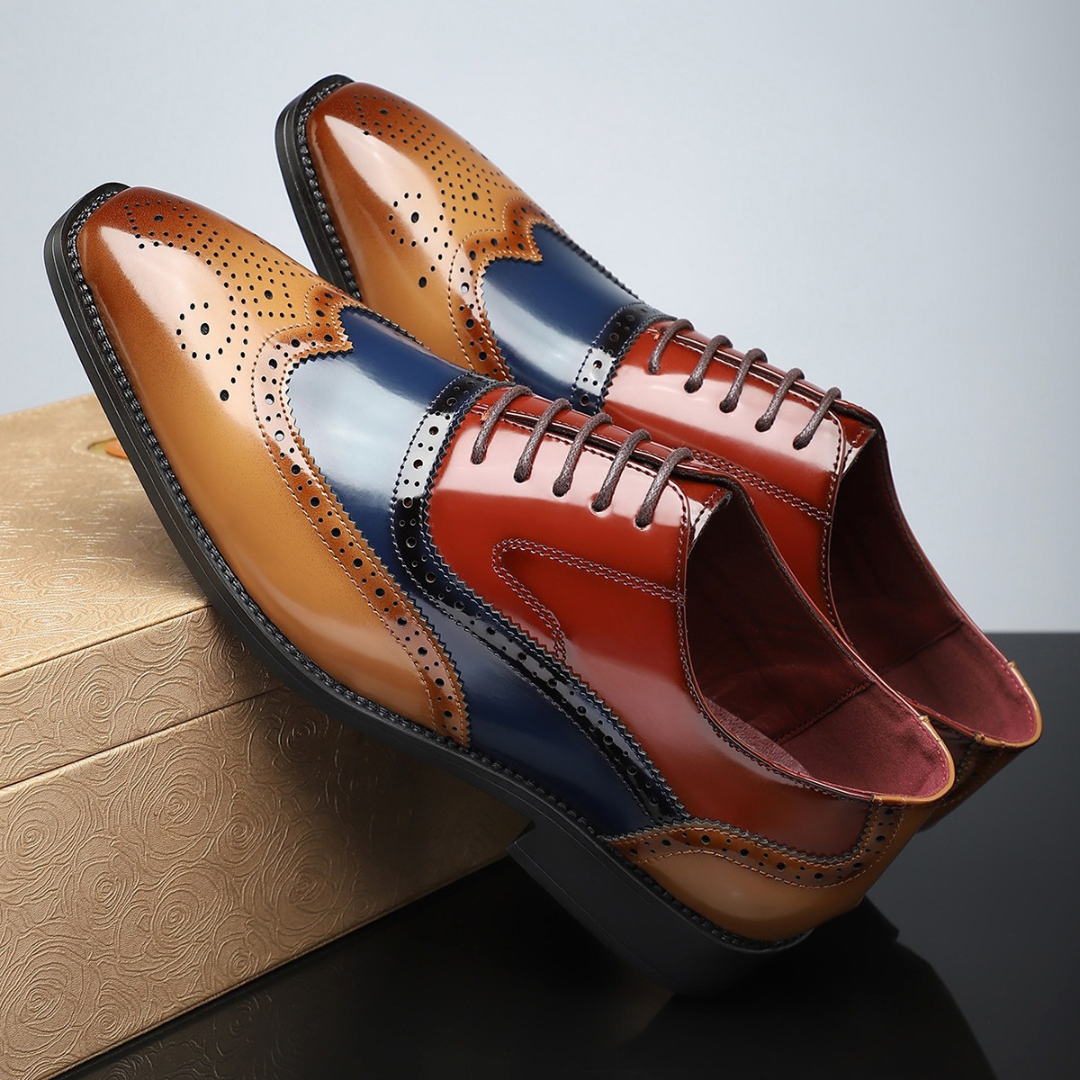 Multicoloured patent leather brogues with tan, navy and red panels