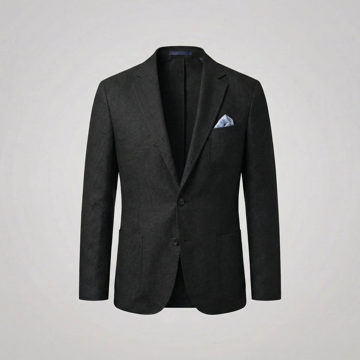 Olive green textured blazer jacket with pocket square, laid flat